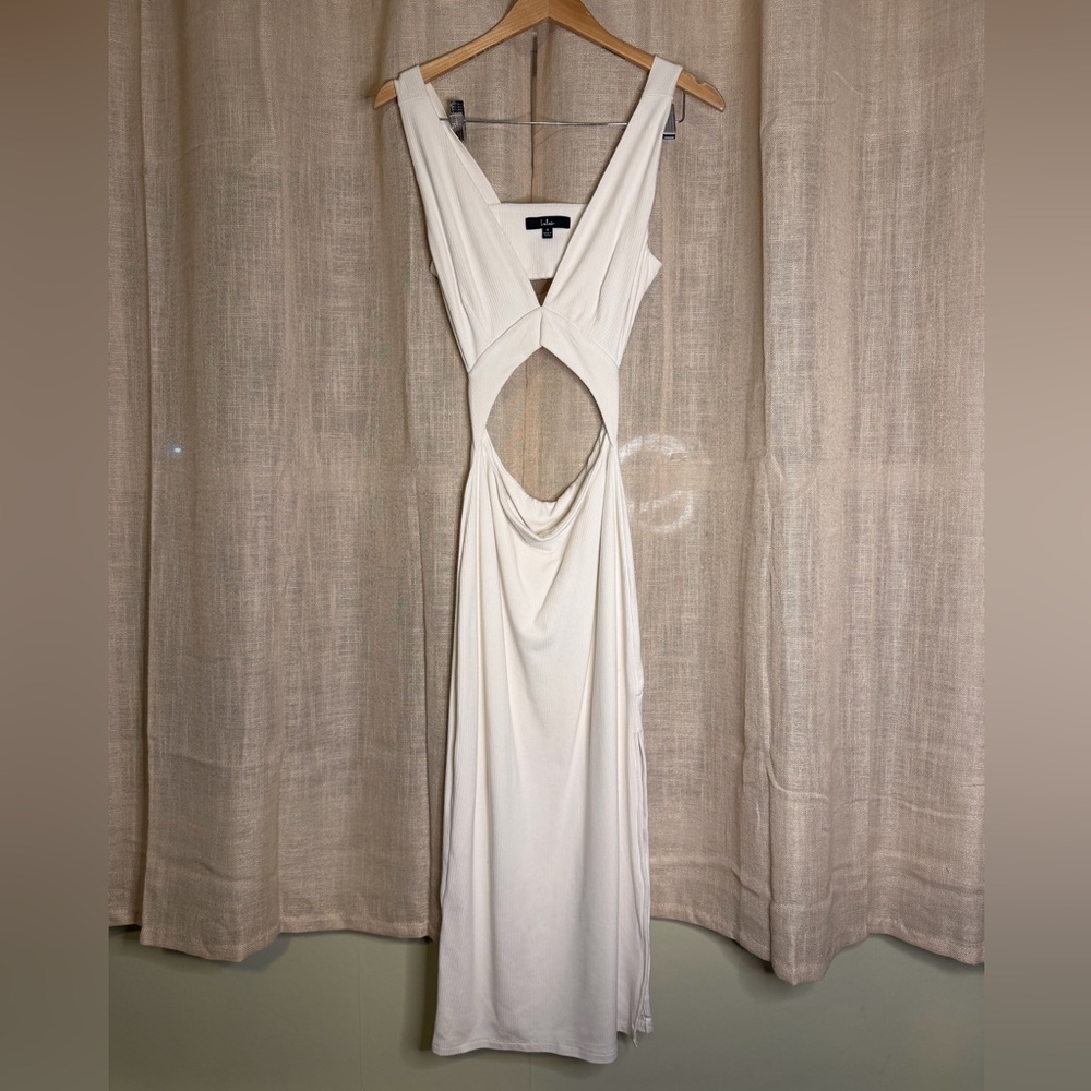 Lulus Divide and Contour white ribbed cutout bodycon midi dress.